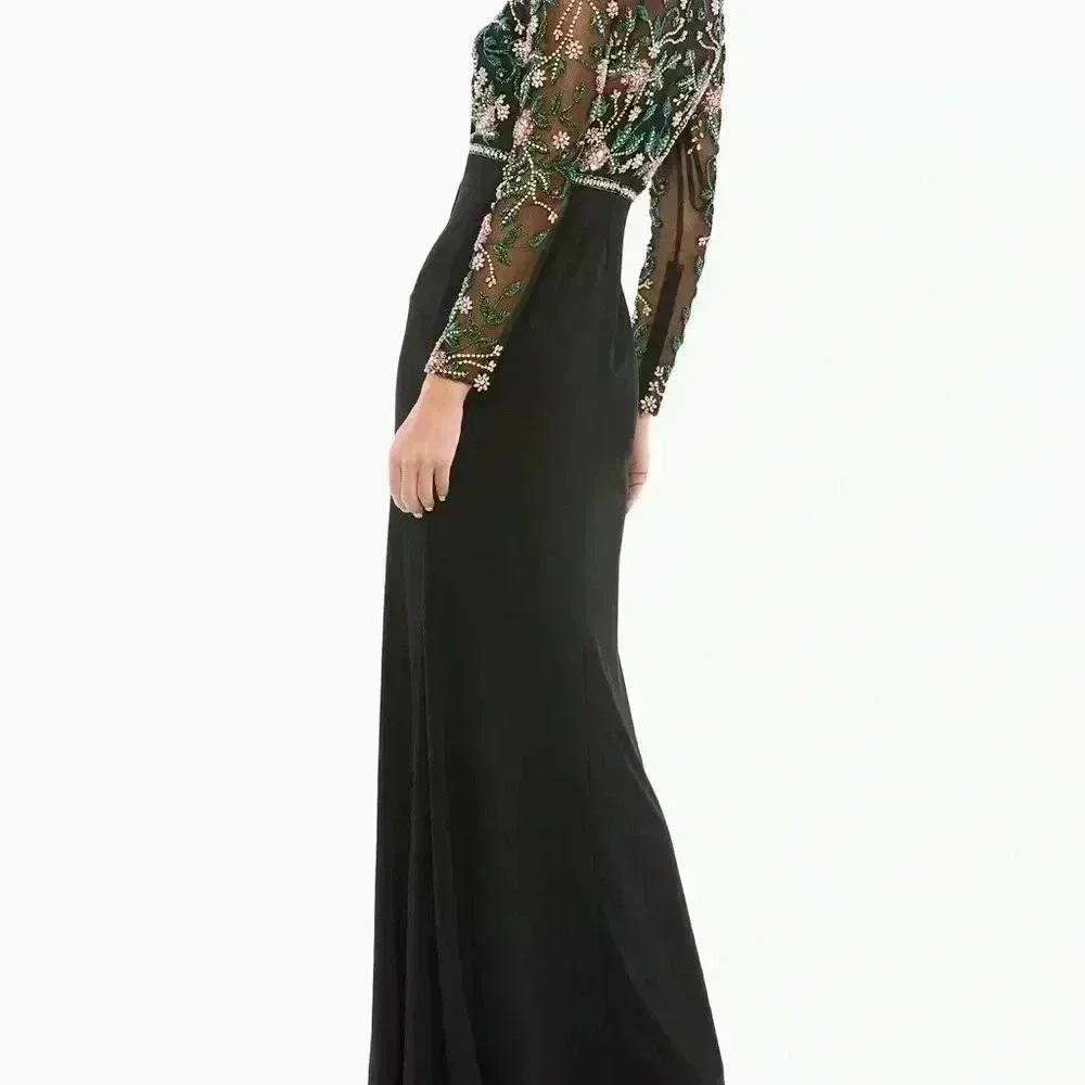 Mac Duggal Black Dress with Green Floral Sleeves - Picture 2 of 9
